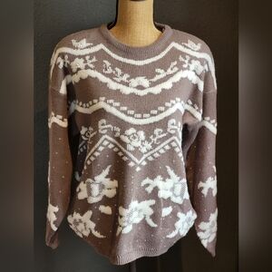 Lucia Vintage 80s Large Taupe And White Floral Acrylic Pullover Sweater